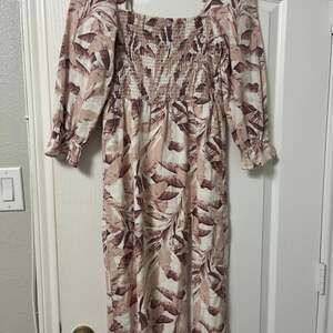 Linen Palm Leaf Print Smocked Midi Dress with High Slit and Puff Sleeves